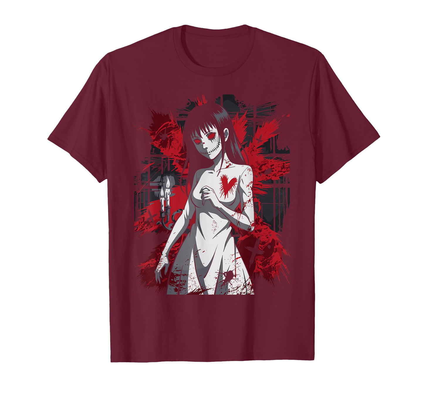 Creepy Anime Girl Horror Gothic Bloody Heart T-Shirt