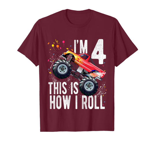 Kids 4 Year Old Shirt 4th Birthday Boy Monster Truck Car T-Shirt