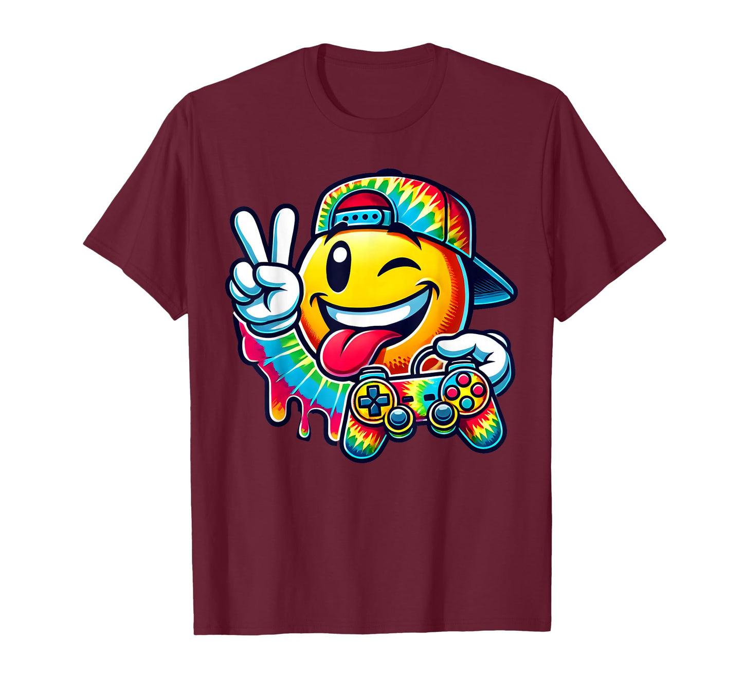 Groovy Tie Dye Gaming Boys 70s Retro Smile Peace Sign Gamer T-Shirt