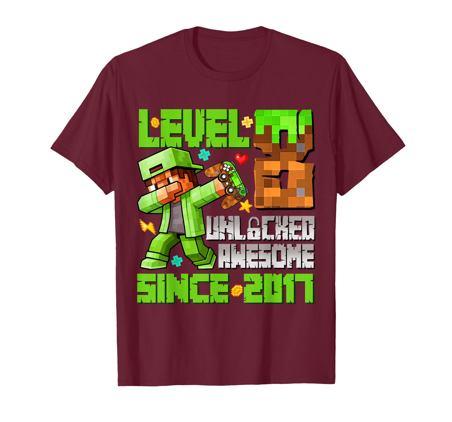 Level 8 Unlocked Awesome Since 2017 8th Birthday Game Pixel T-Shirt