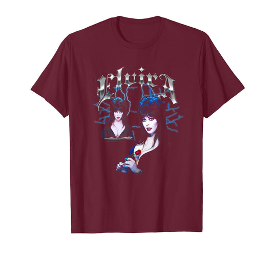 Elvira, Mistress of The Dark Chrome Name and Poses Pin-Up T-Shirt