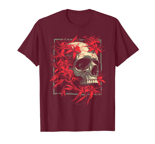 Red Spider Lily Flower Skull Skeleton Japanese Anime Otaku T-Shirt