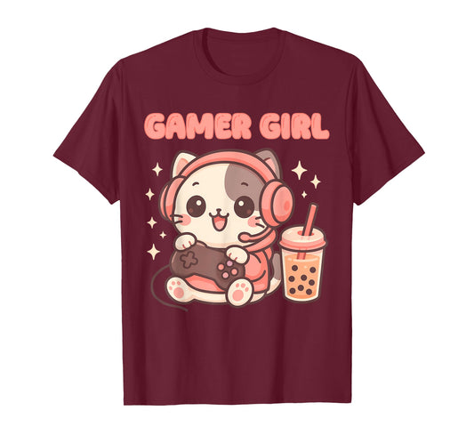Gamer Girl Cat Gaming Cute Video Game Kawai Women Girls T-Shirt