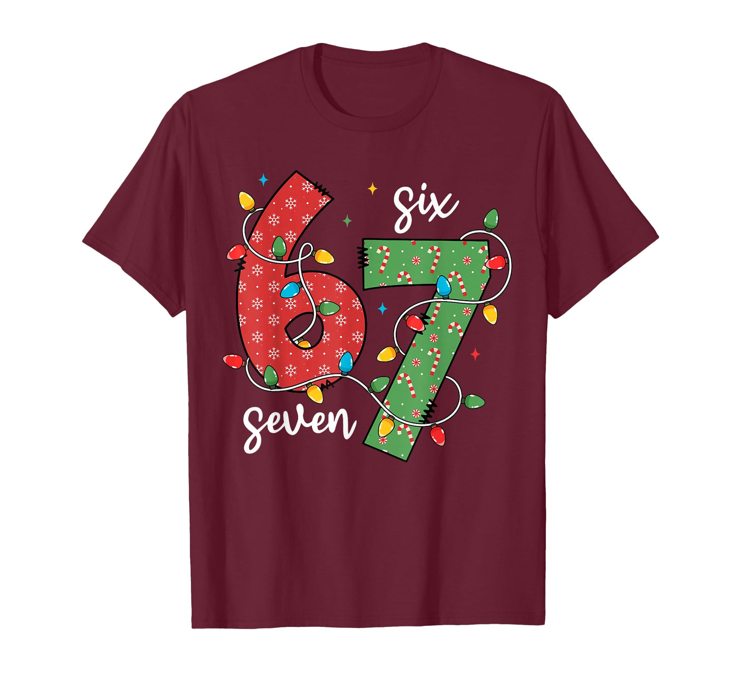 6 7 Six Seven Meme Xmas Lights Candy Cane Christmas Holiday T-Shirt