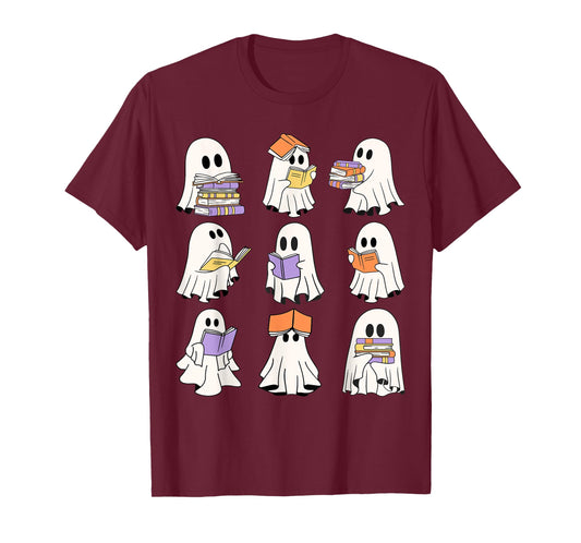 Cute Ghost Reading Books Teacher halloween reading Men Women Kids T-Shirt