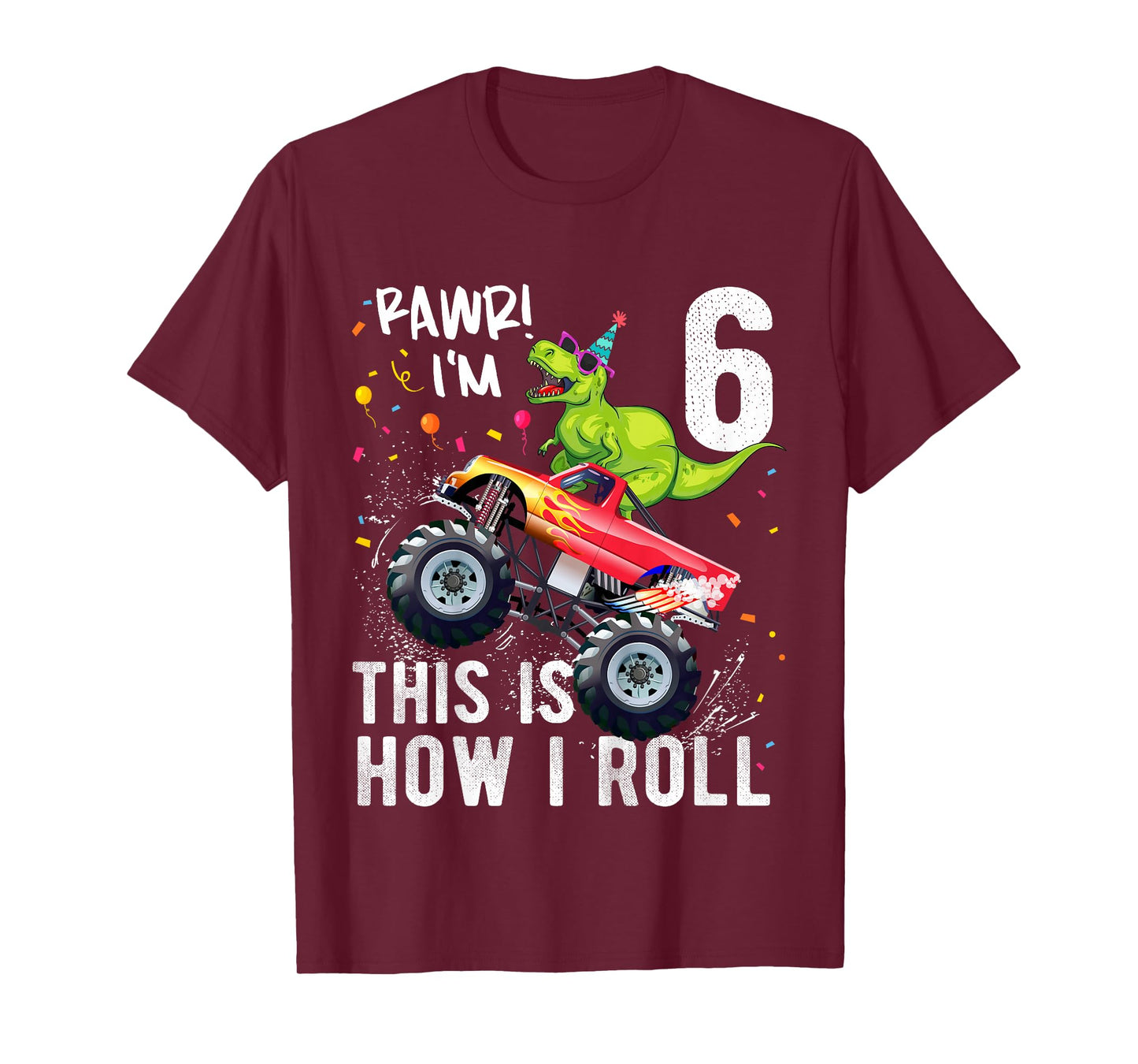 Kids T Rex Dinosaur Monster Truck 6th Birthday Boys and Girls T-Shirt