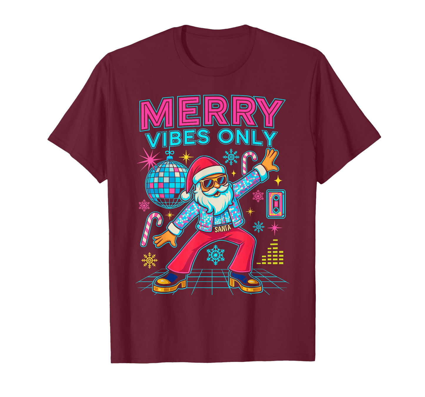 Merry Vibes Only Santa Christmas Disco Retro 70s 80s Hippie T-Shirt