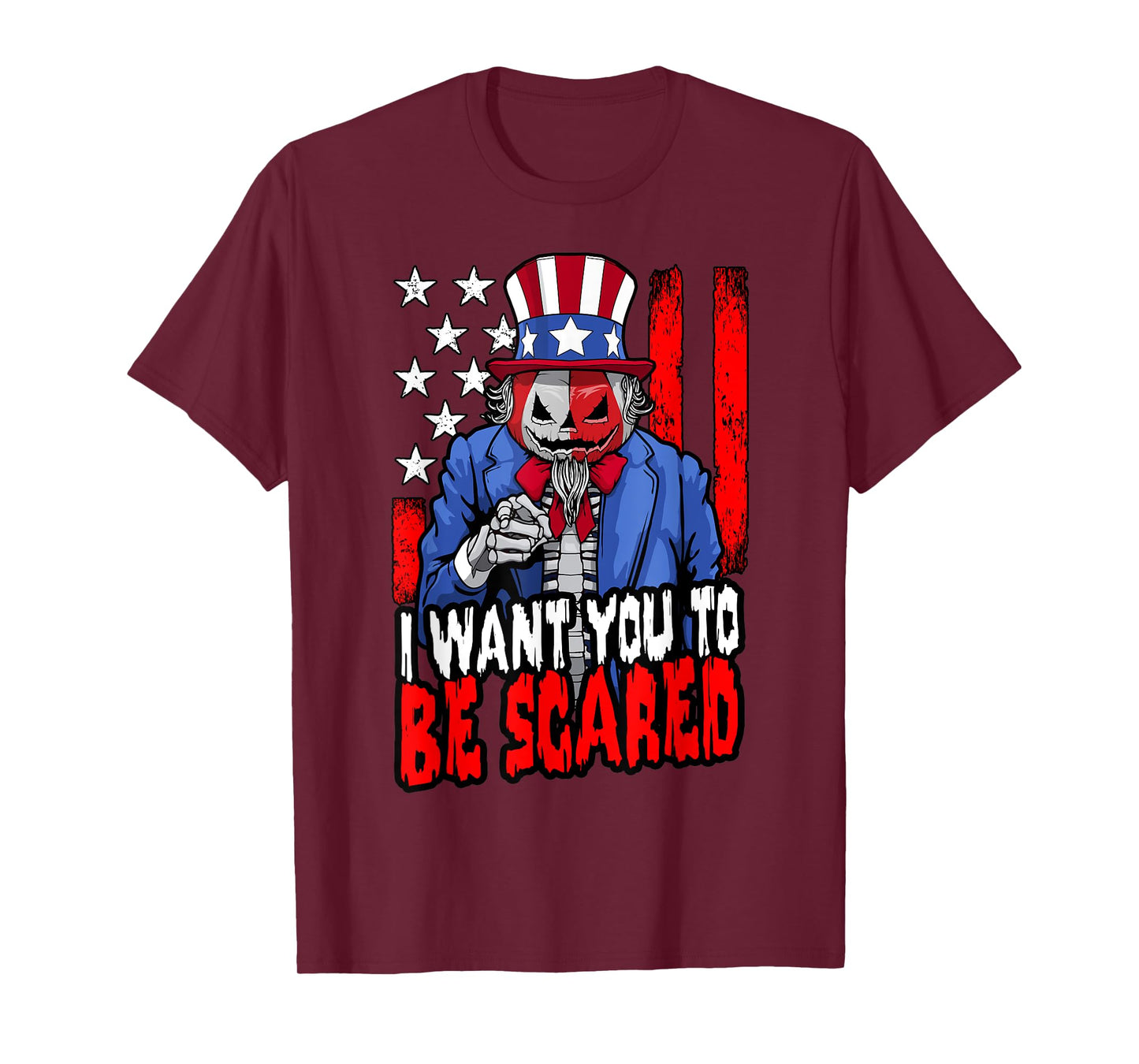 Patriotic Halloween Zombie Uncle Sam Pumpkin Scared USA Flag T-Shirt