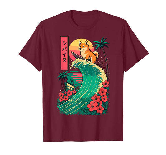 Japanese Shiba Inu Surfing Wave Great Wave Japan T-Shirt