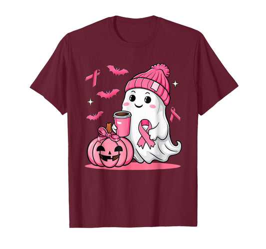 Cute Ghost Drinking Coffee Halloween Breast Cancer Awareness T-Shirt