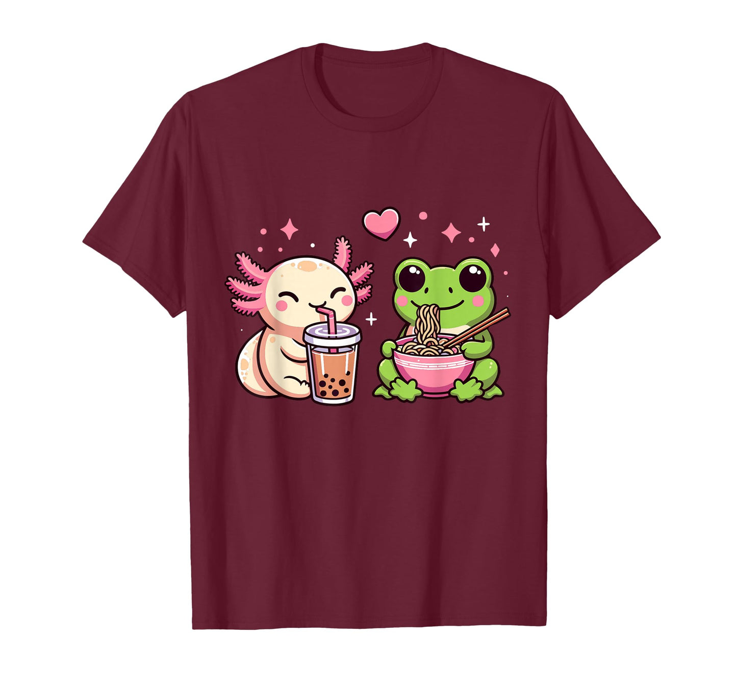 Cute Kawaii Frog and Axolotl Eating Ramen and Boba tea T-Shirt