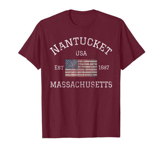 Nantucket Massachusetts American Flag USA Travel Vintage T-Shirt