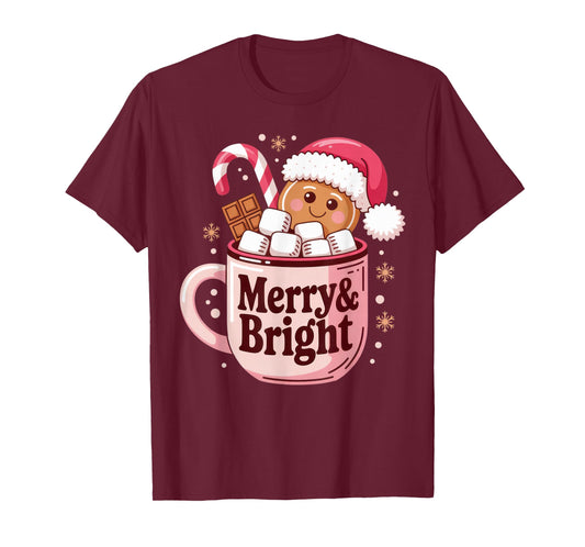 Merry and Bright Christmas Hot Cocoa Gingerbread Design T-Shirt