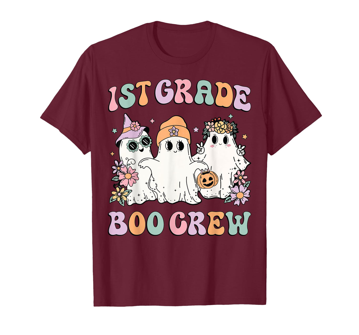1st Grade Boo Crew Groovy Halloween Floral Ghost Kid Teacher T-Shirt