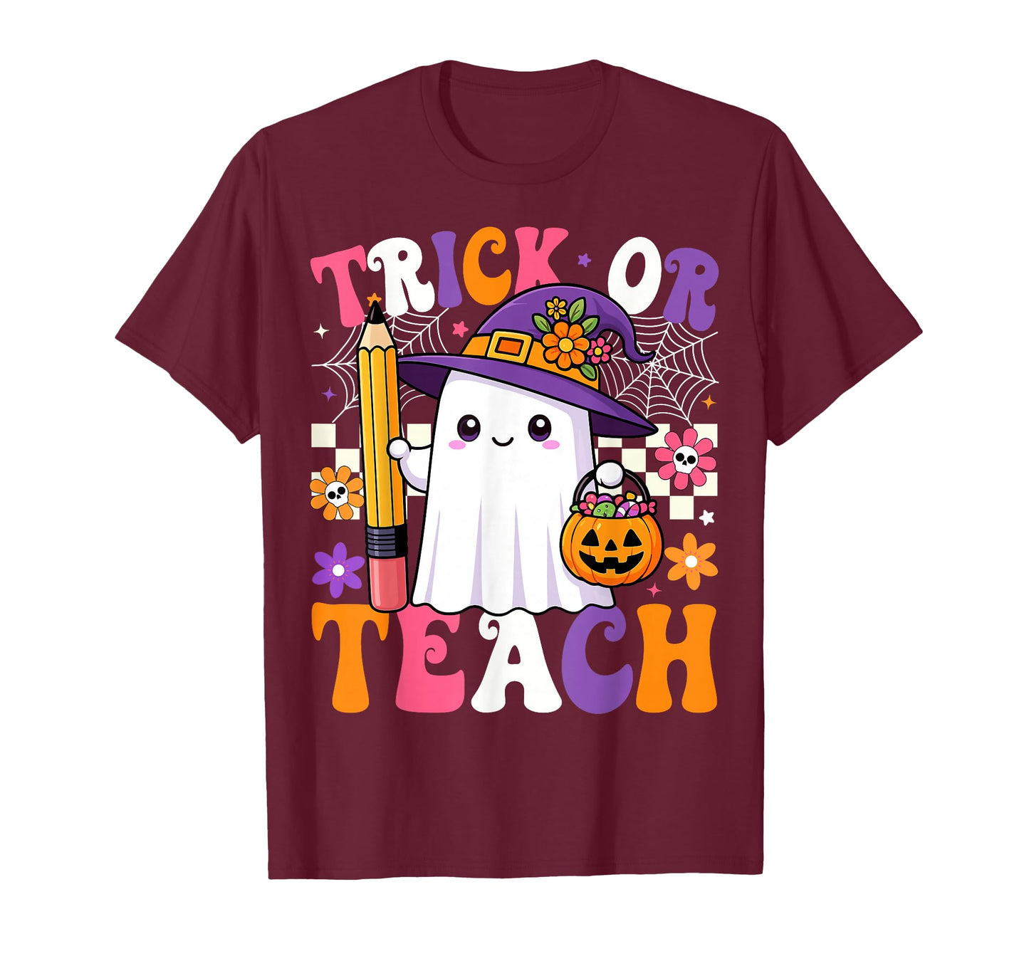 Trick Or Teach Teacher Pencil Ghost Funny Halloween Teacher T-Shirt