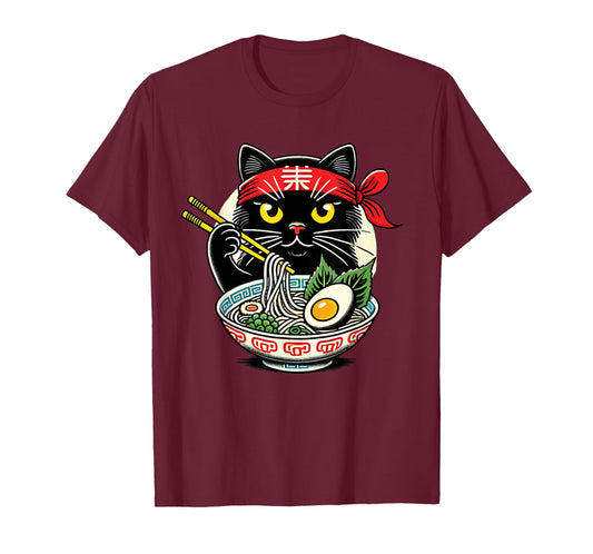 Cat Eating Ramen Noodles, Japanese Anime & Kawaii, Black Cat T-Shirt