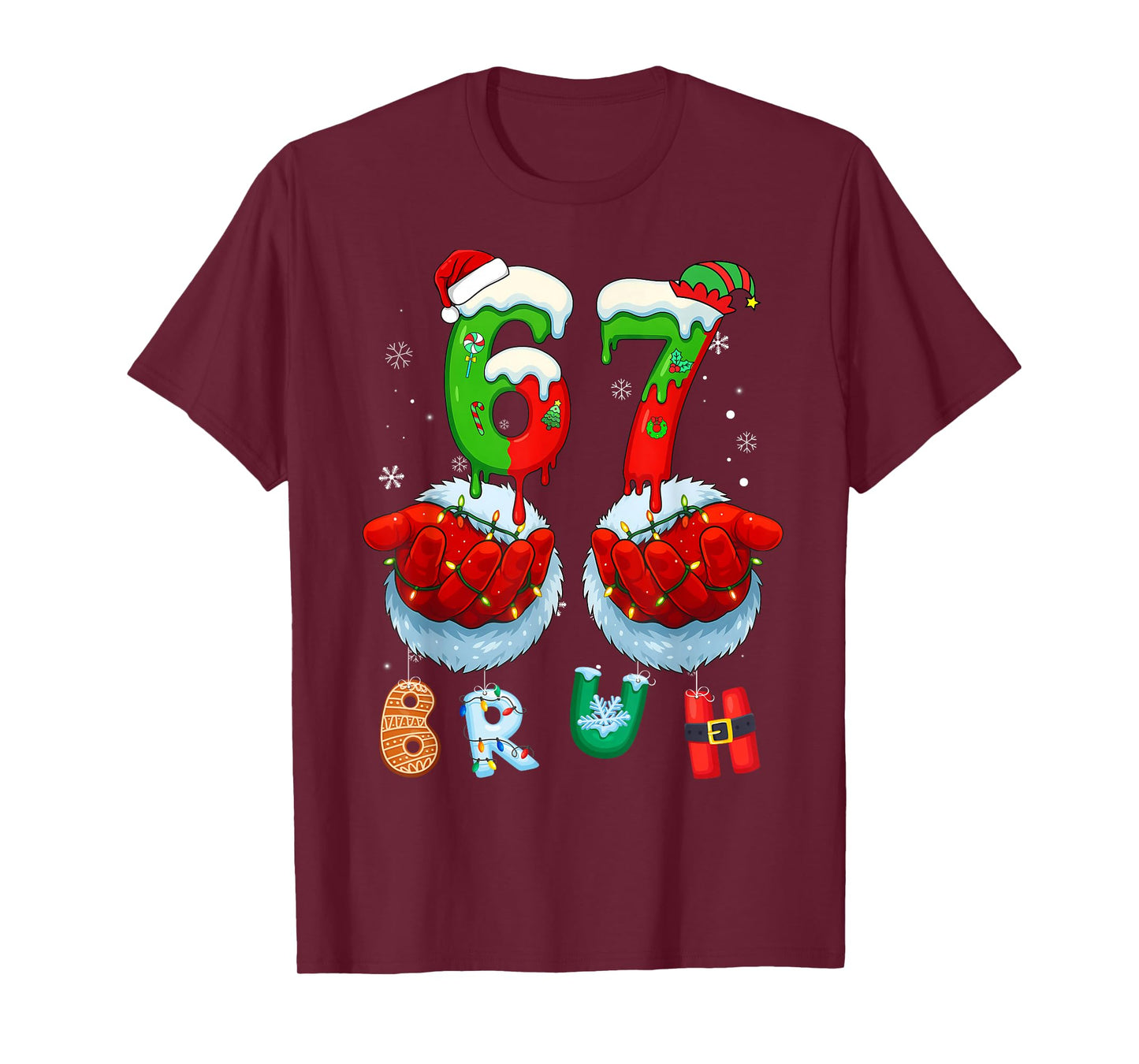 Funny Bruh Six Seven 67 Meme 6 7 Christmas Santa Hand Boys T-Shirt