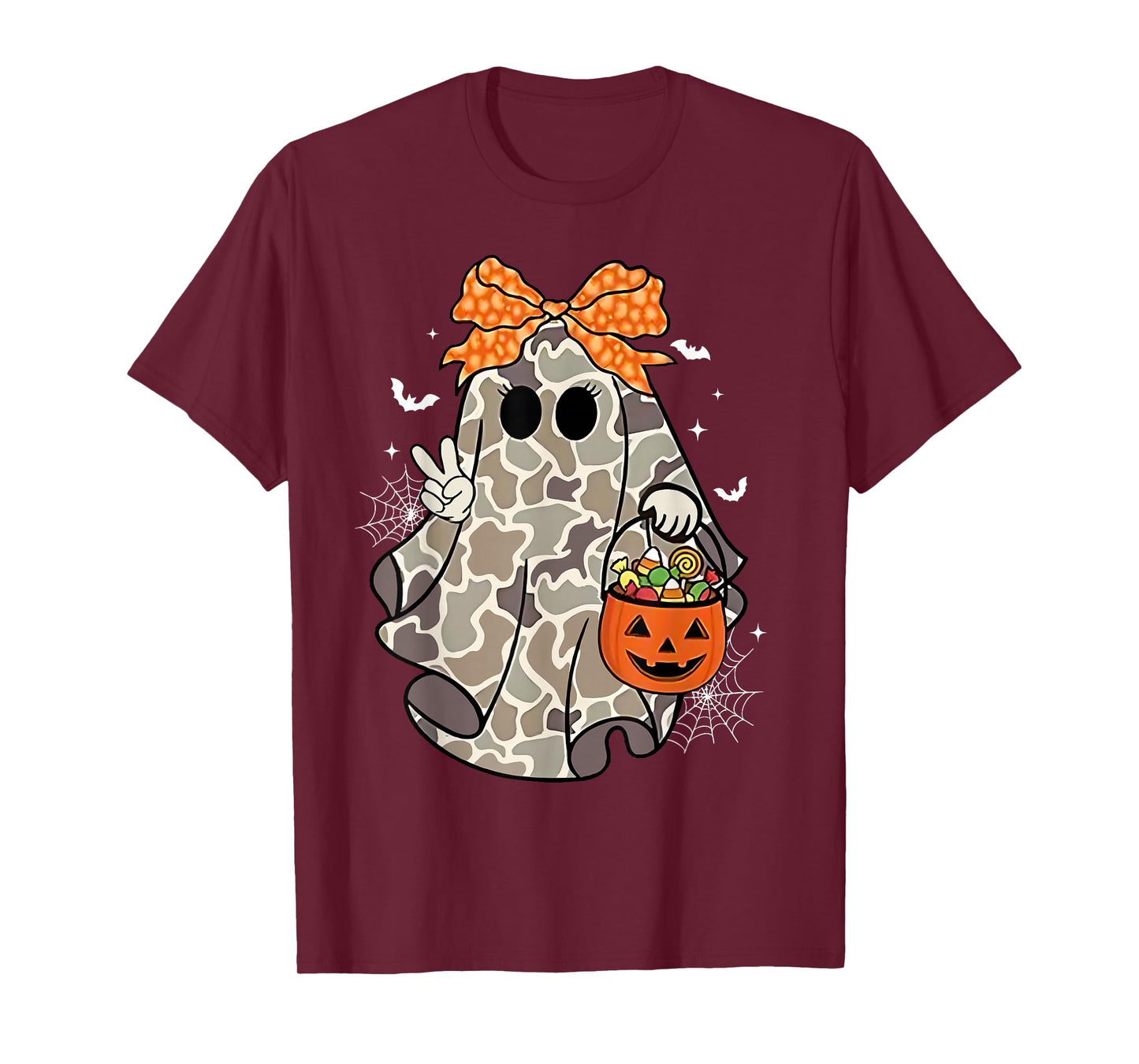 Coquette Camo Ghost Bow Halloween Candy Hunter Girls Kids T-Shirt
