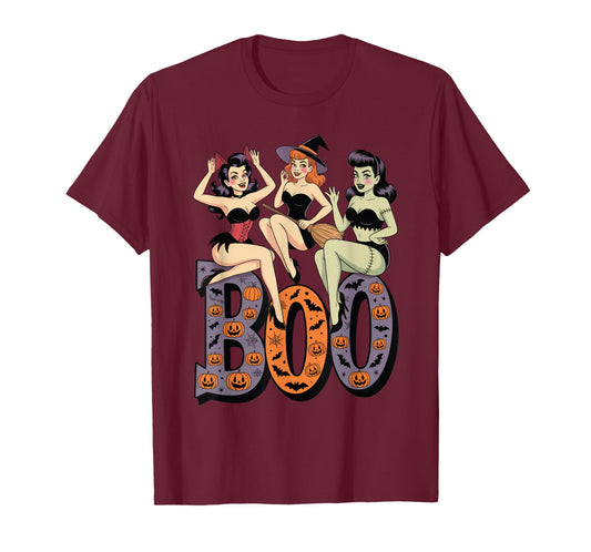 Vintage Halloween Pinup Trio Retro Boo Witches Devil Monster T-Shirt