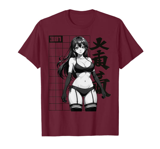 Sexy Waifu Otaku Anime Girl Japanese in Black and White Art T-Shirt