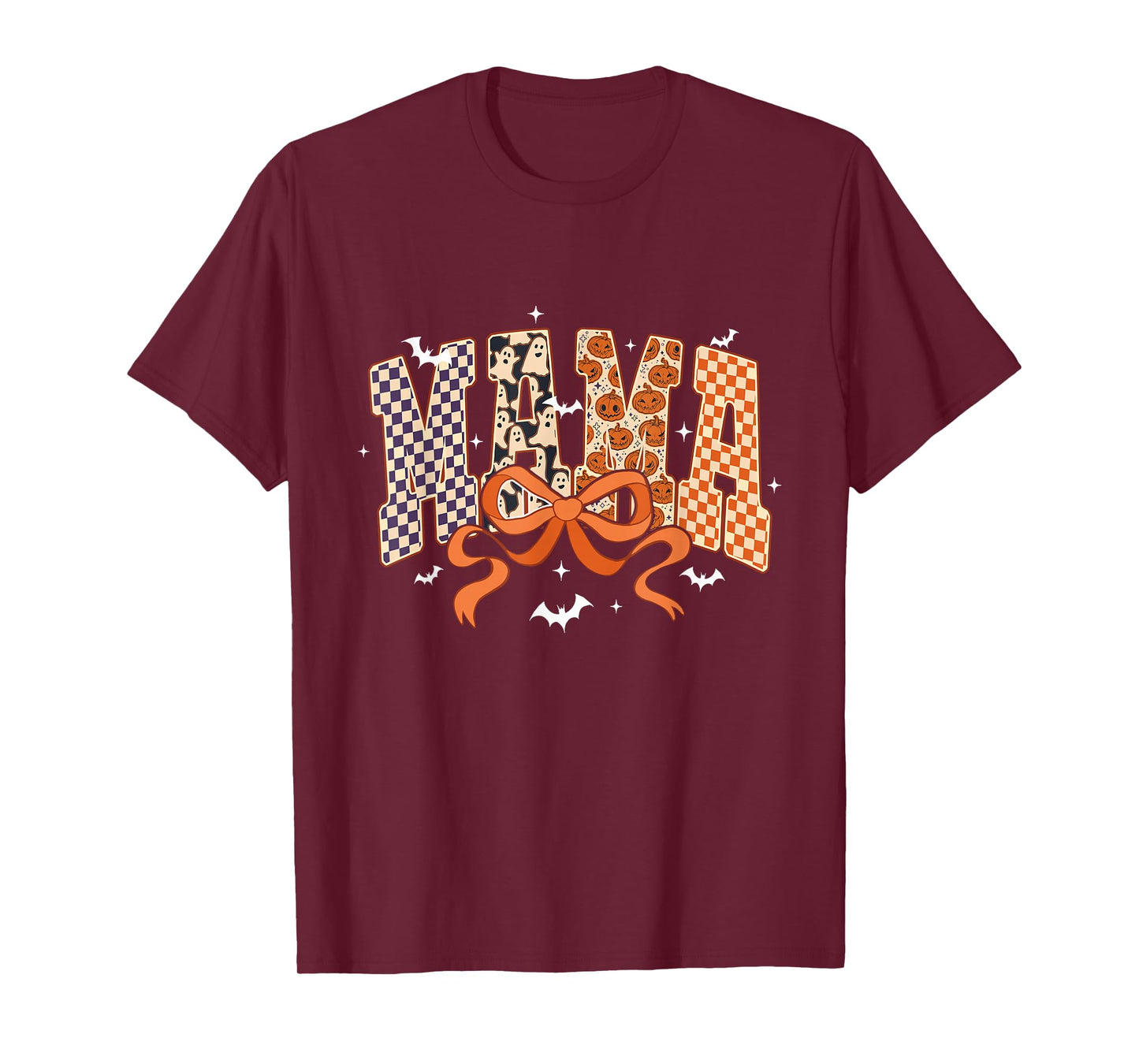 Retro Checkered Pumpkin Ghost Mama Halloween Mom Spooky T-Shirt
