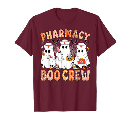 Groovy Retro Pharmacy Boo Crew Spooky Halloween Ghost Women T-Shirt