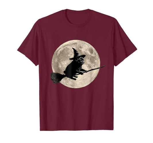 Witch Pug Flying Broom Full Moon Halloween Night T-Shirt