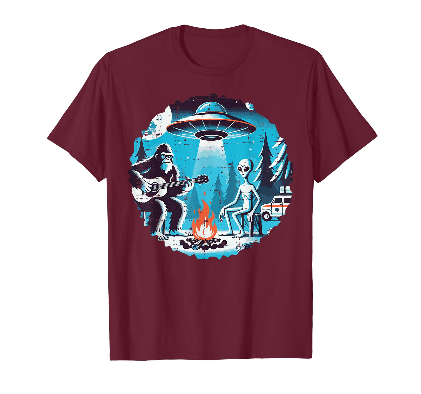 Bigfoot Guitar Alien Ufo Camp Funny Sasquatch Women Men Kids T-Shirt