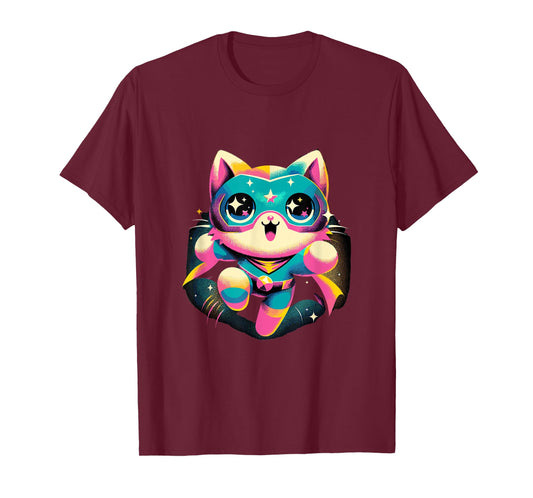 Kawaii Cat Hero - Cute Anime Superhero T-Shirt, Small, Black