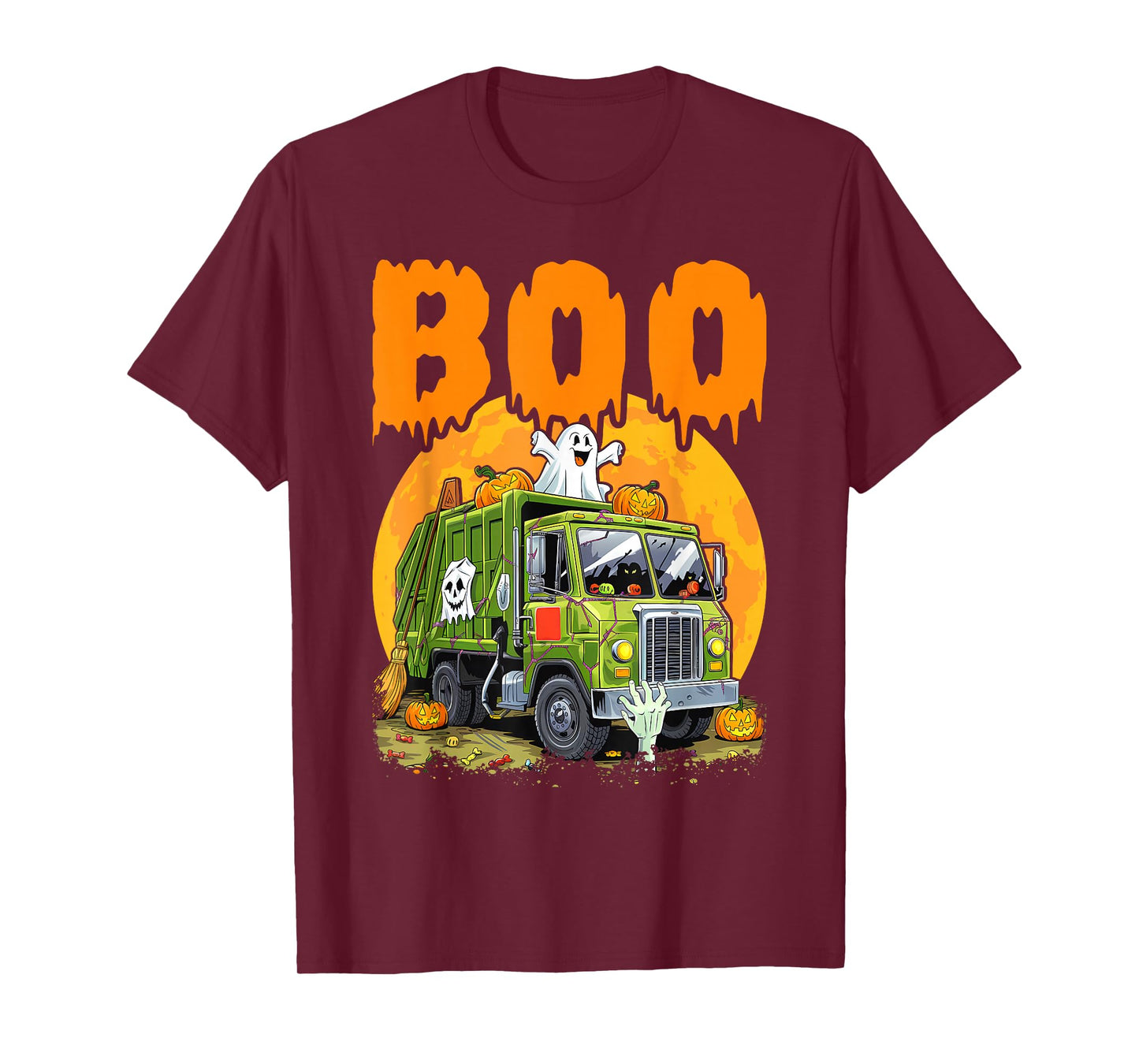 Ghost Driving Garbage Truck With Candy Bag Carved Pumpkin T-Shirt