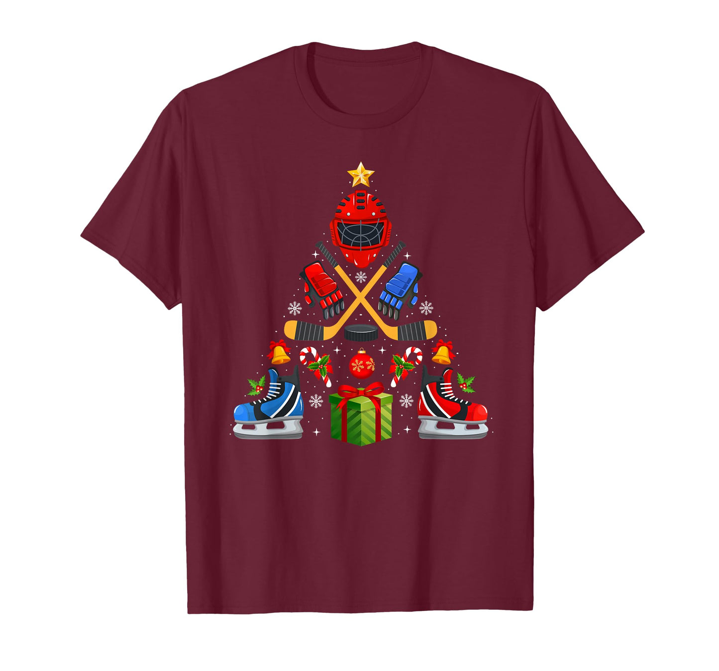 Ice Hockey Christmas Tree Lights Red Santa Hat Xmas Pajamas T-Shirt