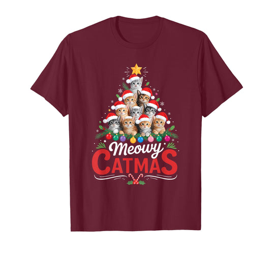 Meowy Catmas Cat Christmas Tree Xmas Girls Boys Funny Santa T-Shirt