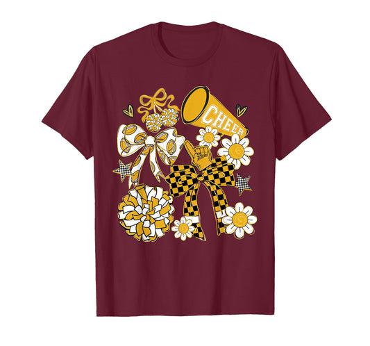 Coquette Bow Football Gold Black Game Cheer Mom Touchdown T-Shirt