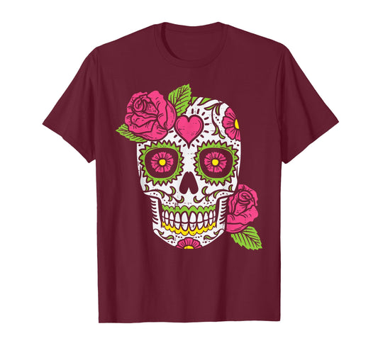 Pink Rose Sugar Skull Dia De Los Muertos Mexican Halloween T-Shirt
