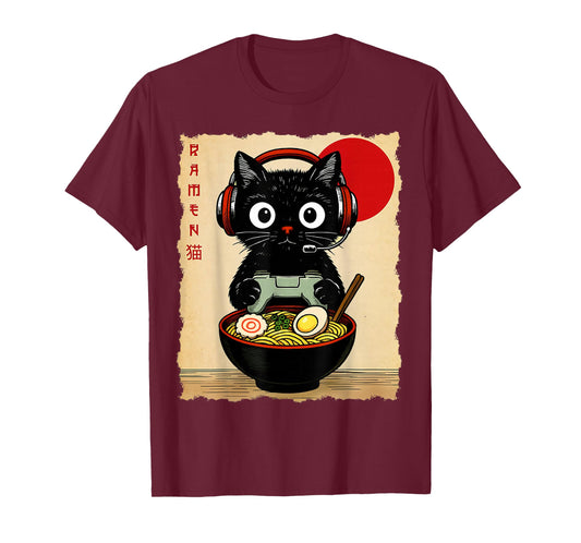 Cat Gaming Eating Ramen Anime Japanese Men Women Kids T-Shirt