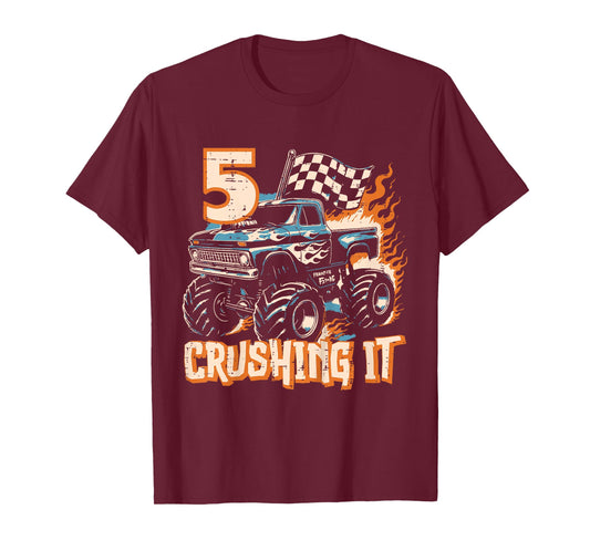 Kids 5 Crushing It Monster Truck Cool 5th Birthday Bday Boys Kids T-Shirt