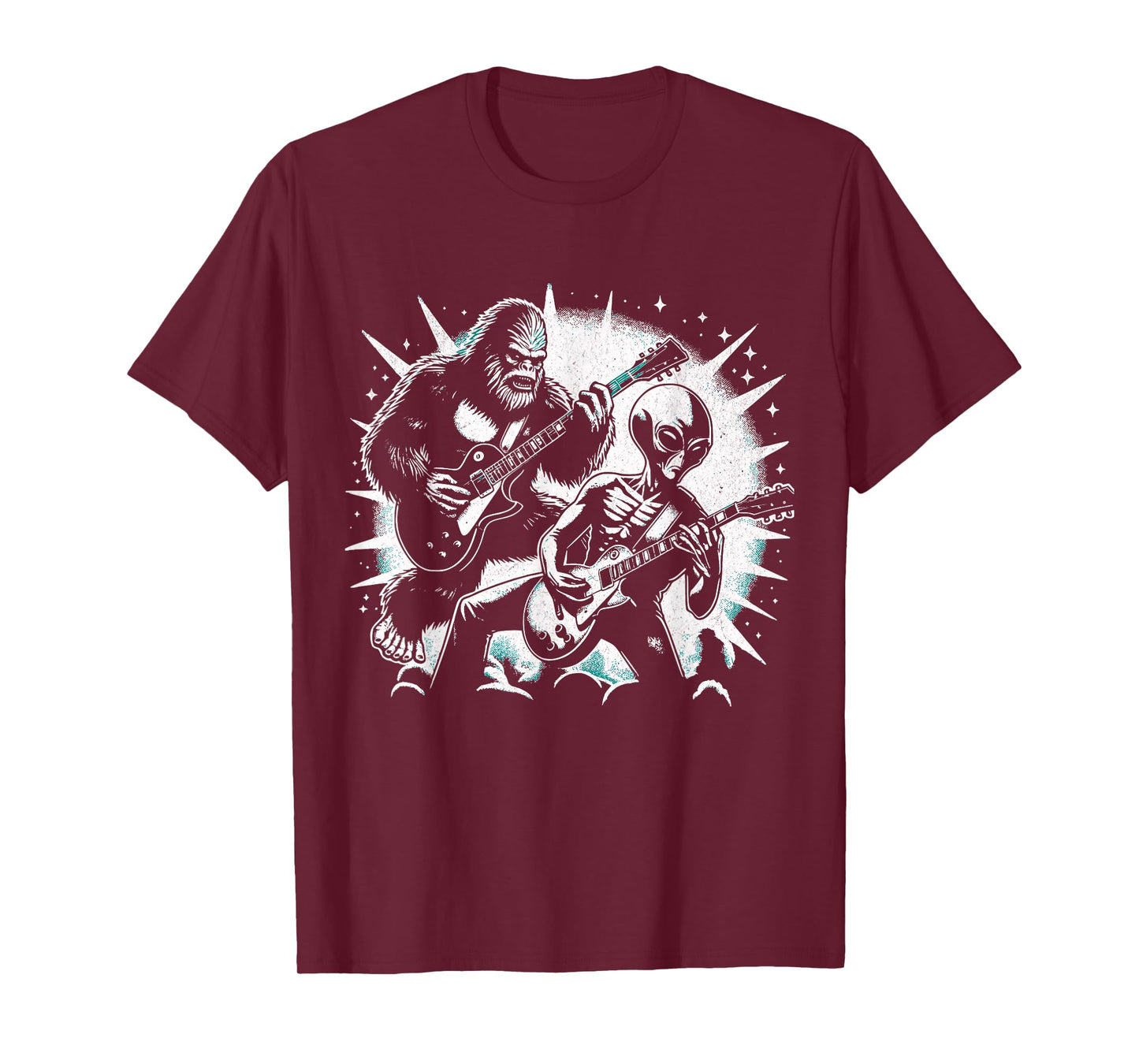 Funny Bigfoot and Alien Playing Guitar Rock Music Musicians T-Shirt