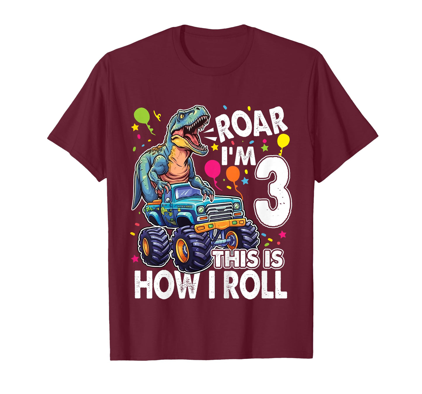 Kids Dinosaur Monster Truck 3rd Birthday Party Roar I'm 3 Boys T-Shirt