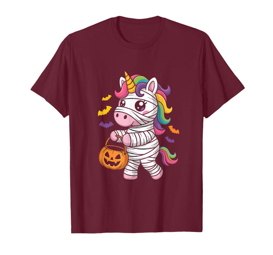 Halloween Cute Unicorn Mummy with Pumpkin Bucket T-Shirt