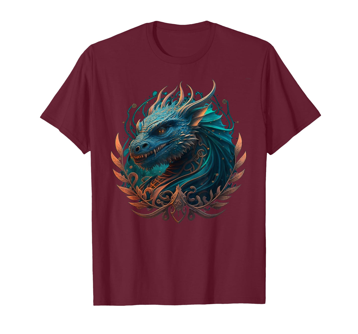 Mystical dragons head with curlicues in turquoise, drawing T-Shirt