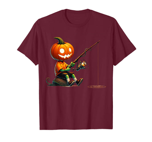 Pumpkin Face Fishing Halloween Costume Men Boys Kids T-Shirt