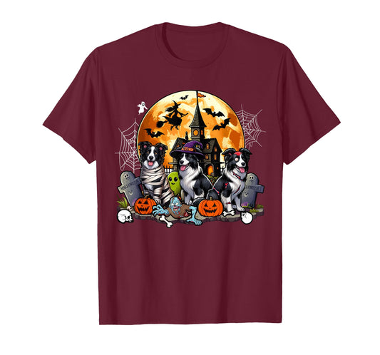 Three Halloween Border Collies As Horror Witch Mummy Zombie T-Shirt