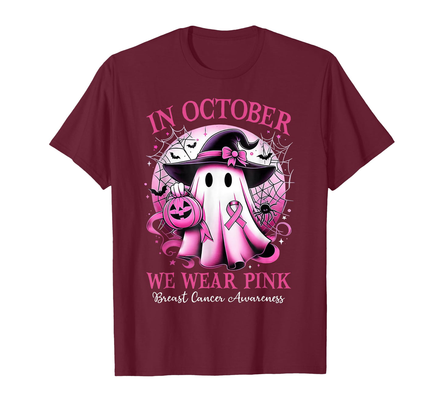 In October We Wear Pink Witch Ghost Breast Cancer Awareness T-Shirt
