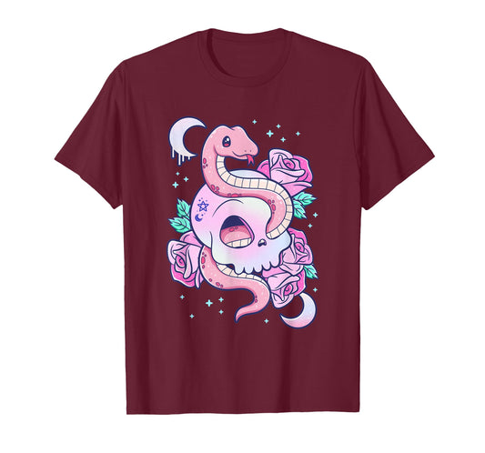 Kawaii Pastel Goth Cute Scary Skull Snake Roses T-Shirt