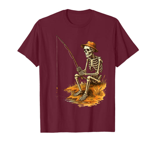 Skeleton Fishing Funny Halloween Costume Men Women Boys Kids T-Shirt