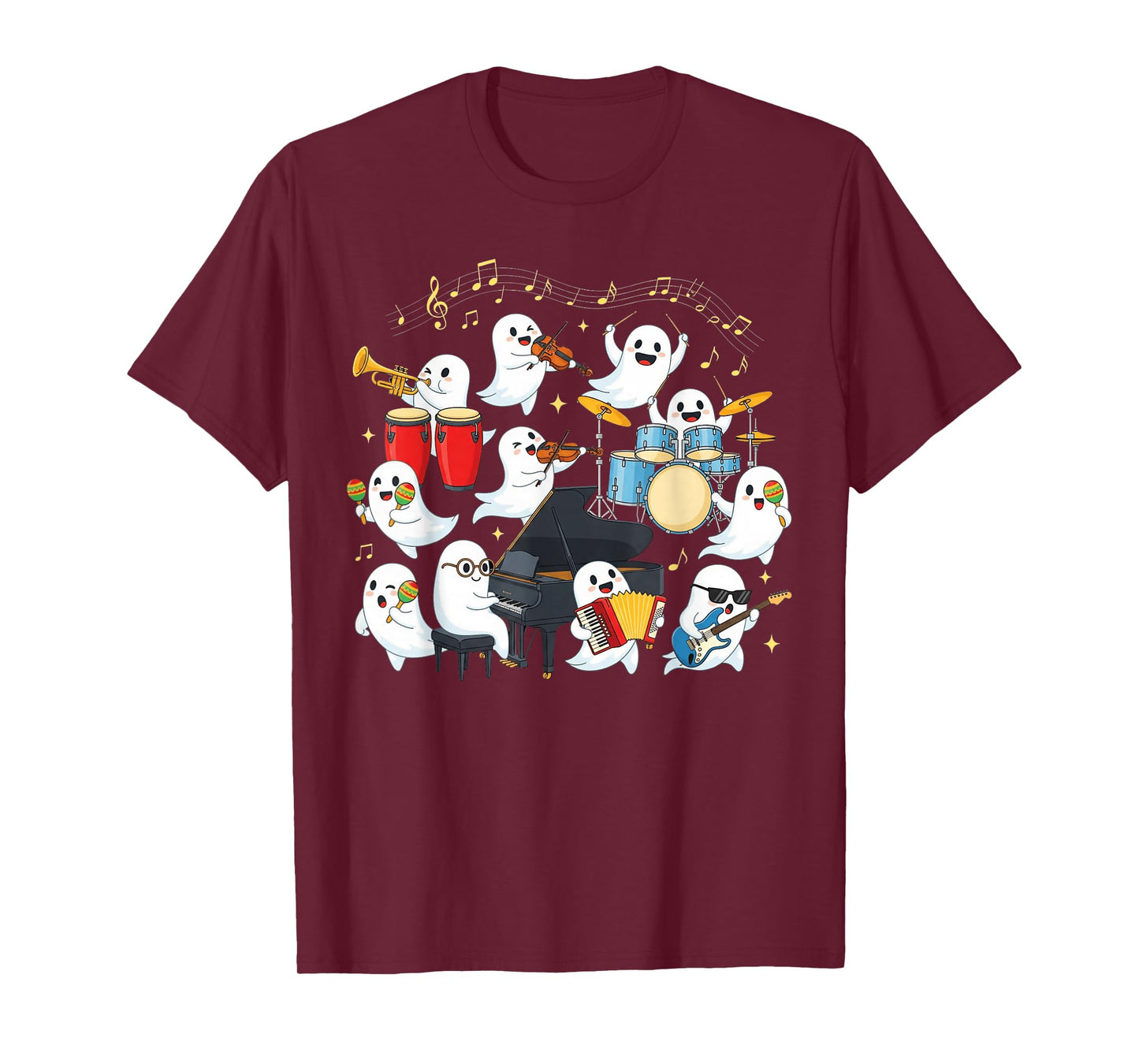 Halloween Music Teacher Ghost Playing Musical Instruments T-Shirt