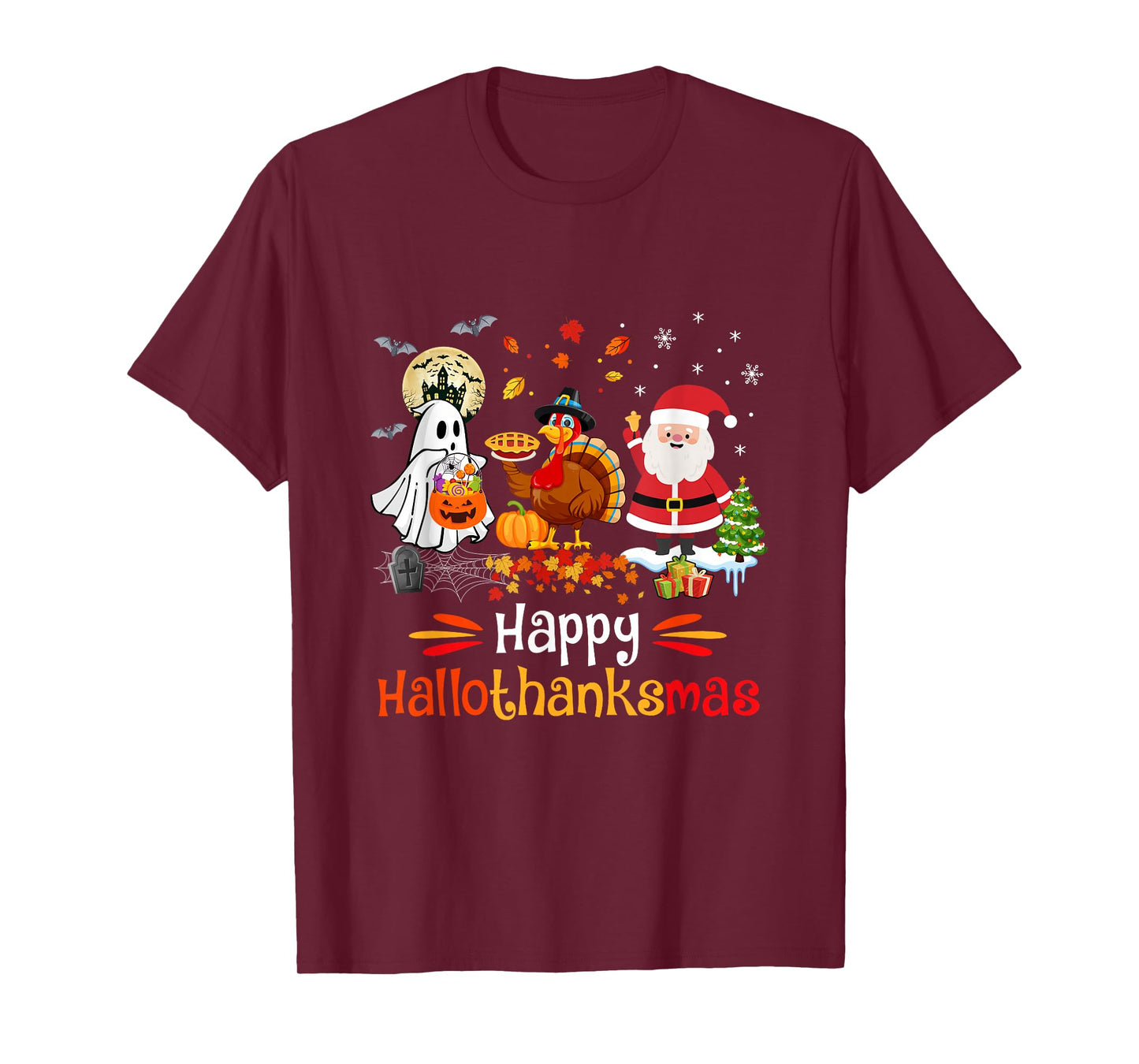Happy Hallothanksmas Ghost Turkey Pumpkin Christmas Santa T-Shirt