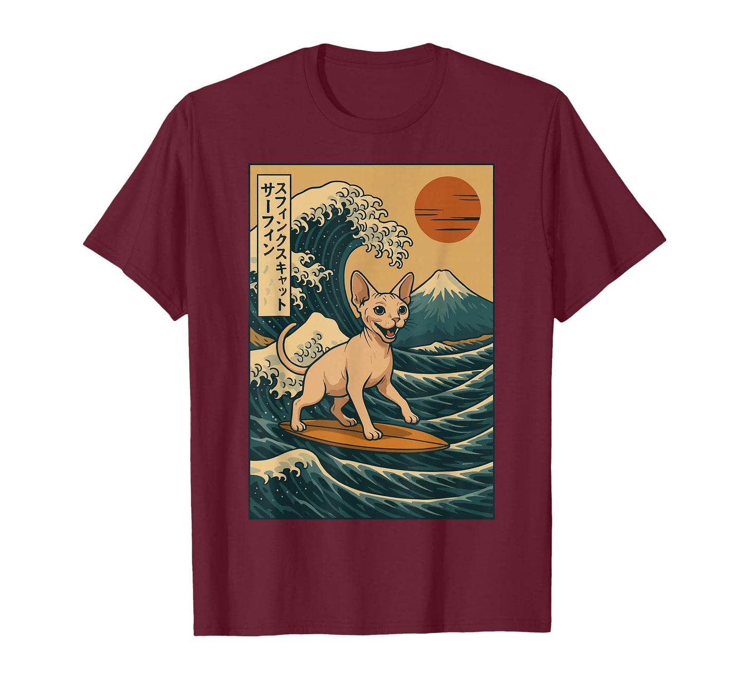 Sphynx Cat Surfing Japanese Wave Great Wave Kawaii T-Shirt