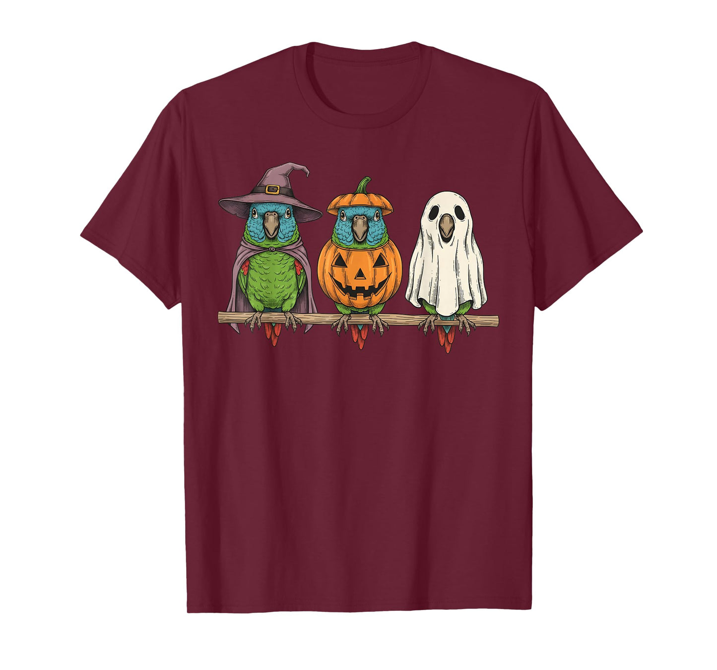 Spooky Ghost Blue Crowned Conure Parrot Pumpkin Halloween T-Shirt