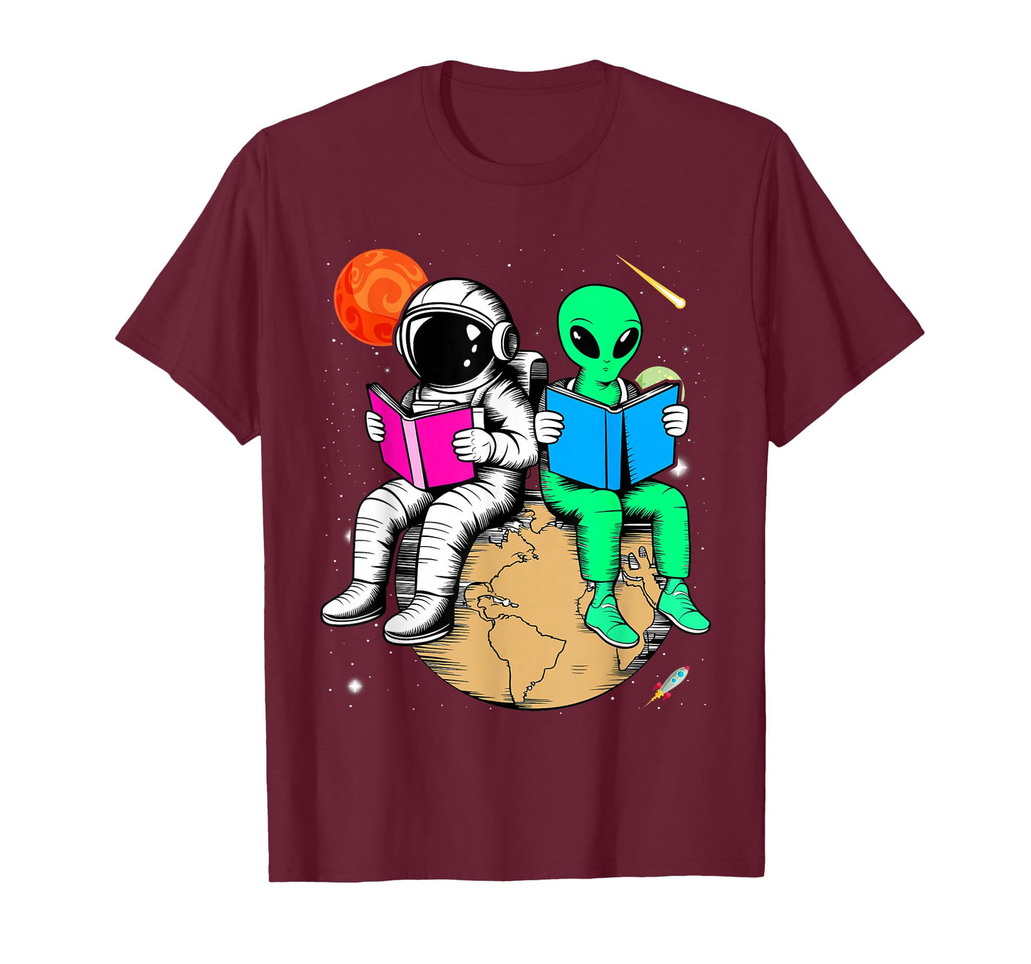 Astronaut Reading Book To Alien Moon Space Women Kids Men T-Shirt